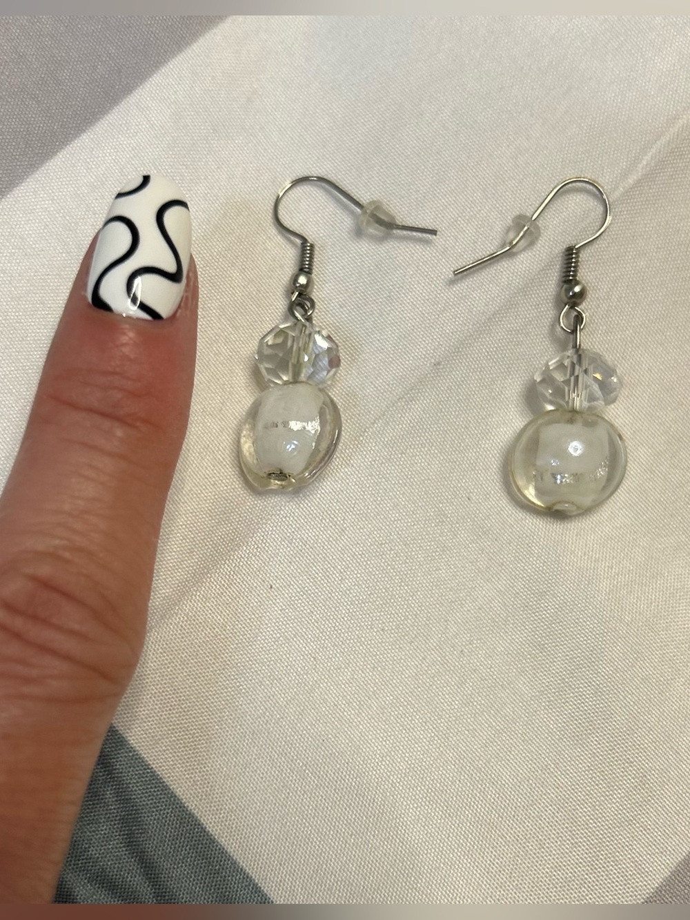Clear Glass Bead Dangle Earrings - White/Clear